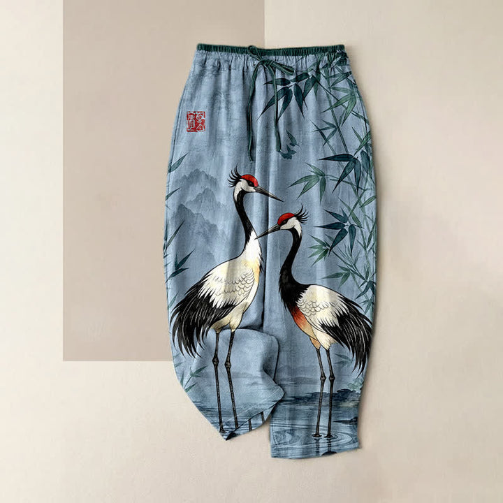 Buddha Stones Damenhose aus reiner Baumwolle mit orientalischem Kranich- und Bambusmuster, elastischem Bund und Taschen - Hellblau - US16, UK/AU20, EU48 (3XL) - image 3