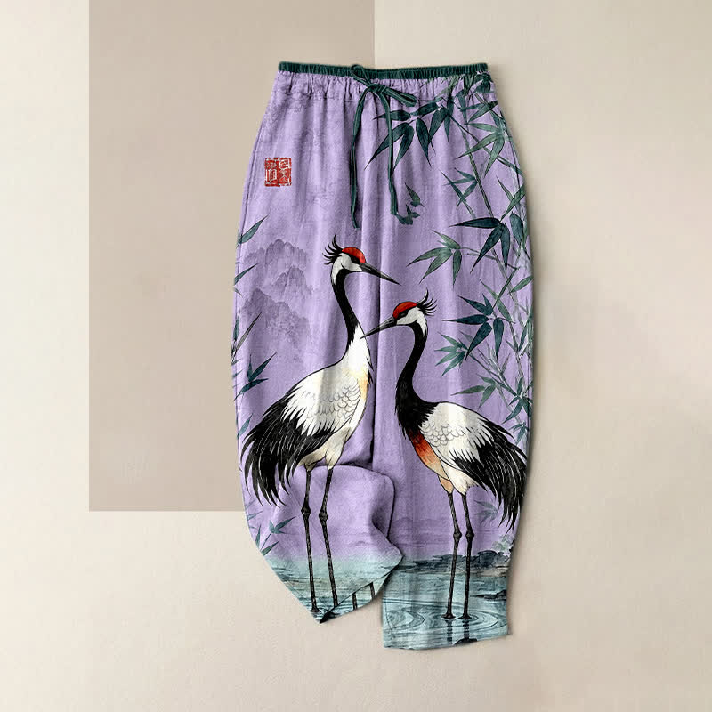 Buddha Stones Damenhose aus reiner Baumwolle mit orientalischem Kranich- und Bambusmuster, elastischem Bund und Taschen - Mittelviolett - US16, UK/AU20, EU48 (3XL) - image 4