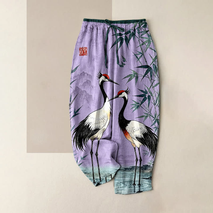 Buddha Stones Damenhose aus reiner Baumwolle mit orientalischem Kranich- und Bambusmuster, elastischem Bund und Taschen - Mittelviolett - US16, UK/AU20, EU48 (3XL) - image 4