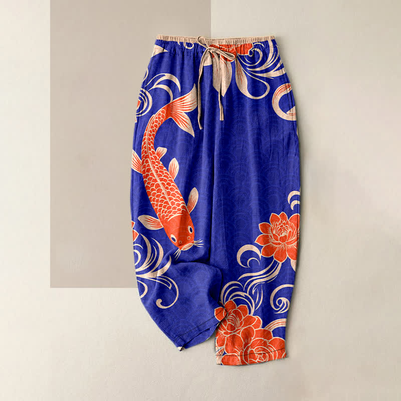 Buddha Stones Damenhose aus reiner Baumwolle mit künstlerischem Koi-Wellenmuster, elastischem Bund und Taschen - Mittelblau - US16, UK/AU20, EU48 (3XL) - image 0