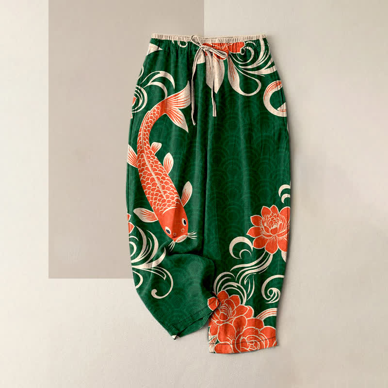 Buddha Stones Damenhose aus reiner Baumwolle mit künstlerischem Koi-Wellenmuster, elastischem Bund und Taschen - SeaGreen - US16, UK/AU20, EU48 (3XL) - image 4