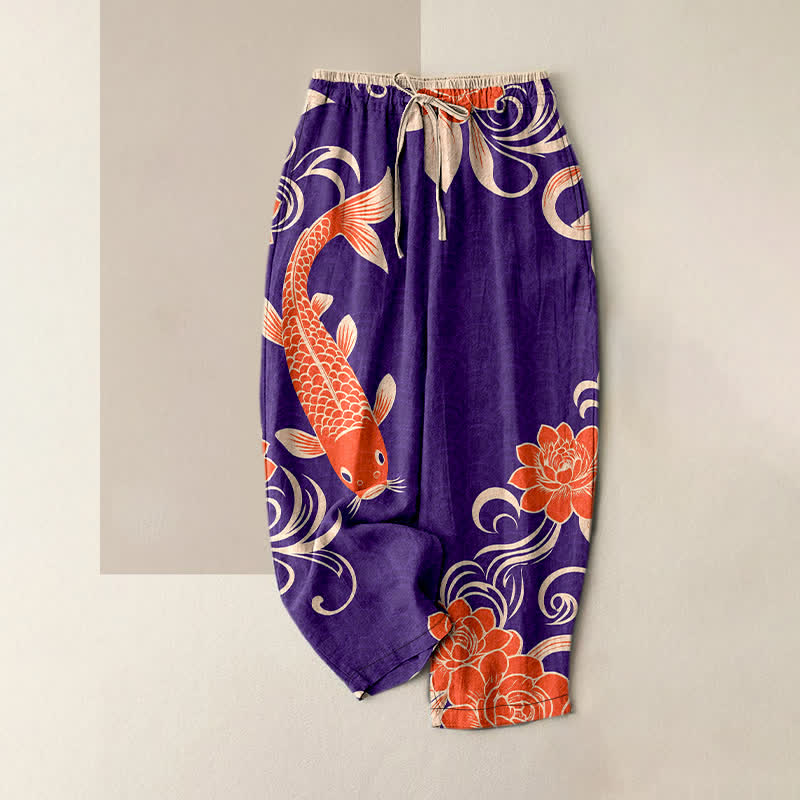 Buddha Stones Damenhose aus reiner Baumwolle mit künstlerischem Koi-Wellenmuster, elastischem Bund und Taschen - Indigo - US16, UK/AU20, EU48 (3XL) - image 5