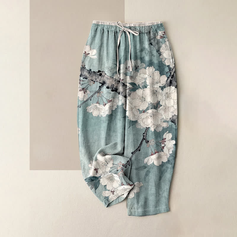 Buddha Stones Elegante Damenhose aus reiner Baumwolle mit floralem Zweigmuster, elastischem Bund und Taschen - Hellblau - US16, UK/AU20, EU48 (3XL) - image 0