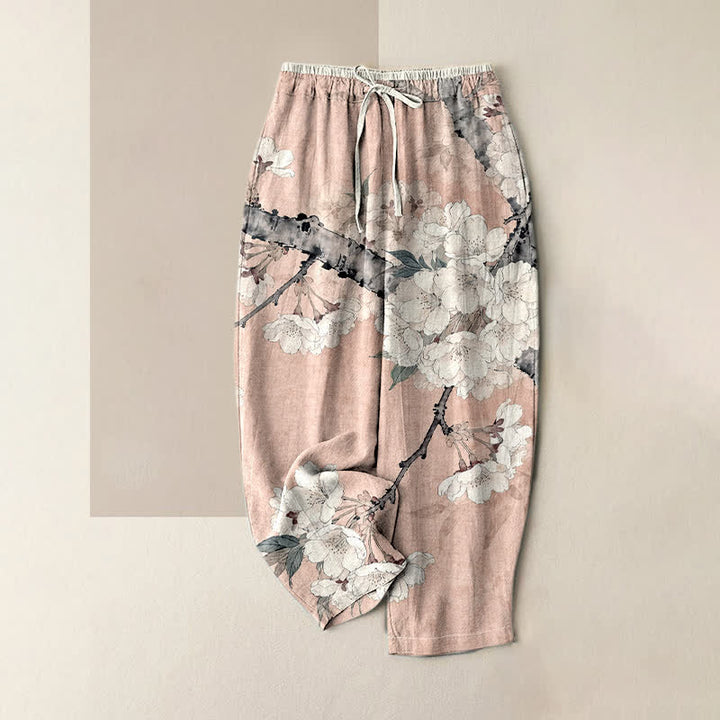 Buddha Stones Elegante Damenhose aus reiner Baumwolle mit floralem Zweigmuster, elastischem Bund und Taschen - Rosa - US16, UK/AU20, EU48 (3XL) - image 3