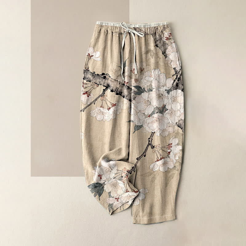 Buddha Stones Elegante Damenhose aus reiner Baumwolle mit floralem Zweigmuster, elastischem Bund und Taschen - Beige - US16, UK/AU20, EU48 (3XL) - image 4