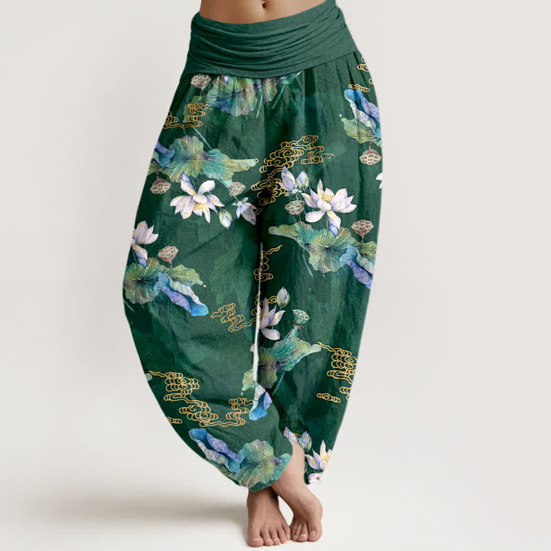Buddha Stones Baumwoll-Haremshose mit weißem Lotusblattmuster und elastischem Bund für Damen - Waldgrün - US16, UK/AU20, EU48 (3XL) - image 0