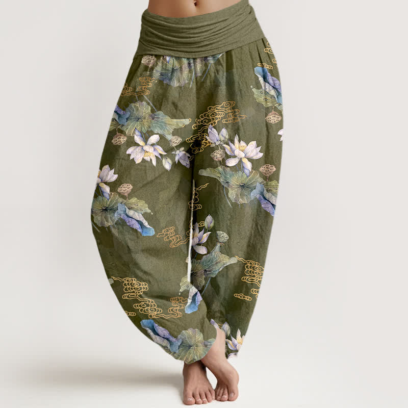 Buddha Stones Baumwoll-Haremshose mit weißem Lotusblattmuster und elastischem Bund für Damen - Olive - US16, UK/AU20, EU48 (3XL) - image 5