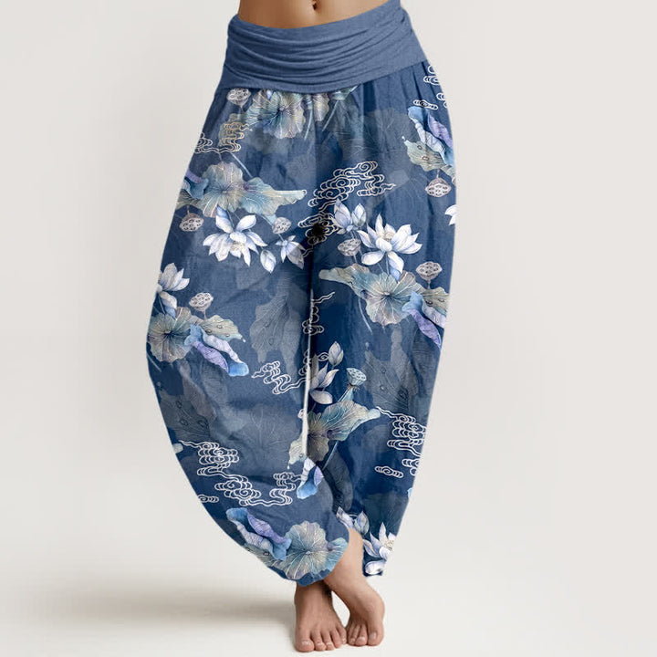 Buddha Stones Baumwoll-Haremshose mit weißem Lotusblattmuster und elastischem Bund für Damen - SteelBlue - US16, UK/AU20, EU48 (3XL) - image 8