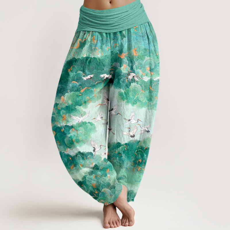 Buddha Stones Haremshose aus Baumwolle mit Kranich- und Wolkenmuster, elastischer Bund, Damen - Aquamarin - US16, UK/AU20, EU48 (3XL) - image 5