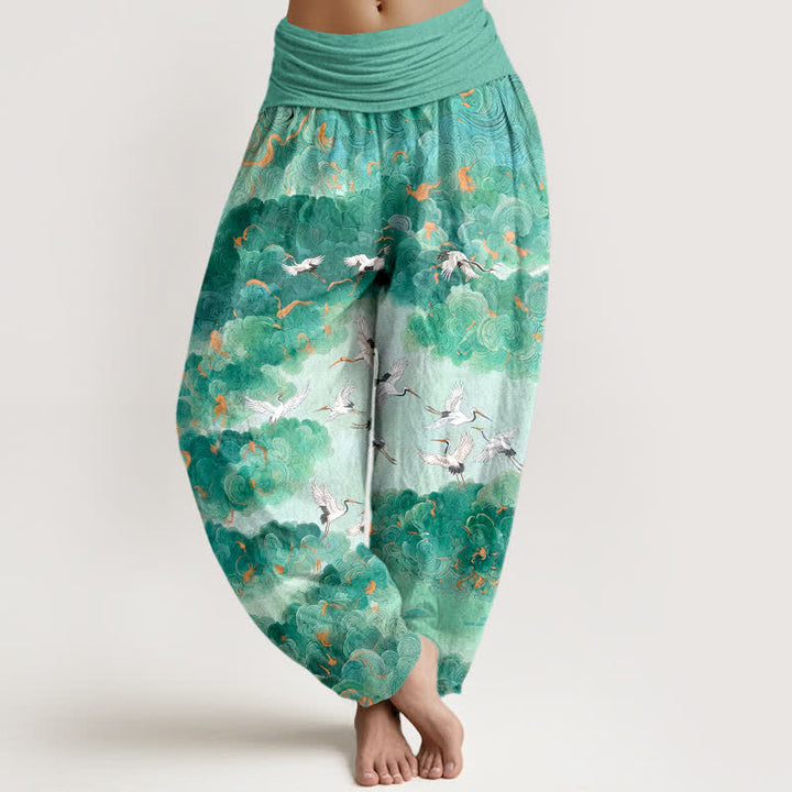 Buddha Stones Haremshose aus Baumwolle mit Kranich- und Wolkenmuster, elastischer Bund, Damen - Aquamarin - US16, UK/AU20, EU48 (3XL) - image 5