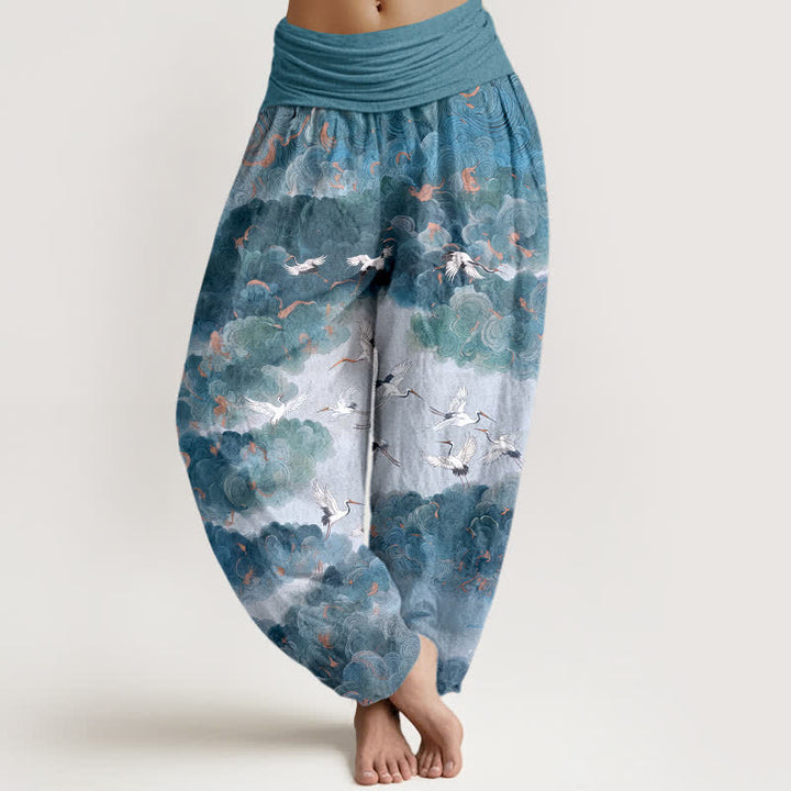 Buddha Stones Haremshose aus Baumwolle mit Kranich- und Wolkenmuster, elastischer Bund, Damen - SteelBlue - US16, UK/AU20, EU48 (3XL) - image 8