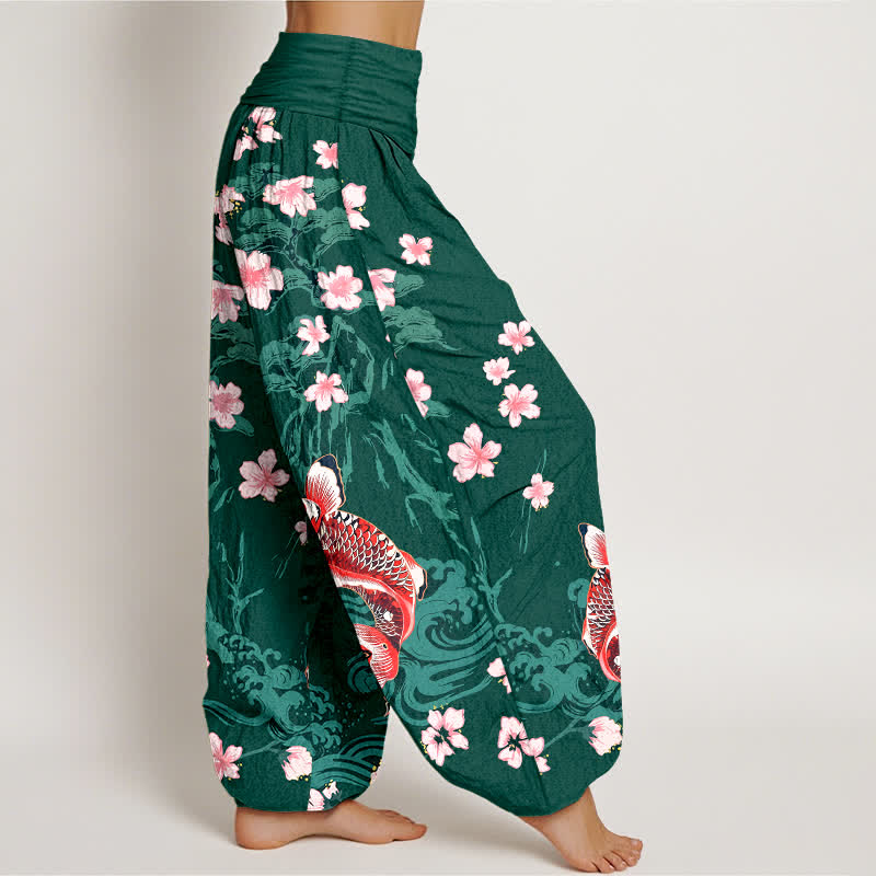 Buddha Stones Baumwoll-Haremshose mit Koi-Sakura-Muster und elastischem Bund für Damen - image 1