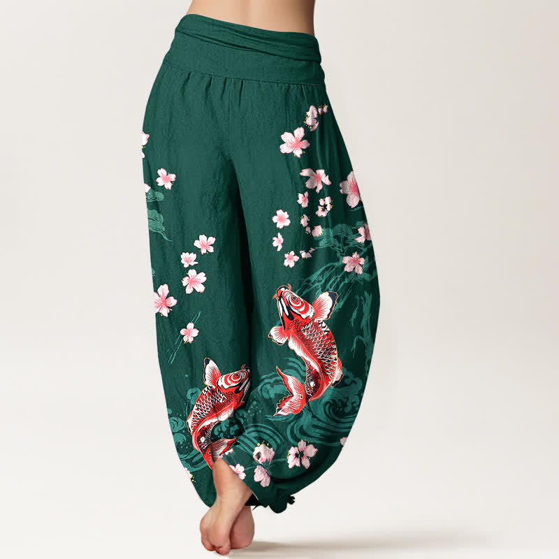 Buddha Stones Baumwoll-Haremshose mit Koi-Sakura-Muster und elastischem Bund für Damen - image 2