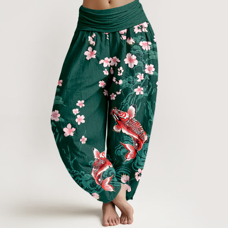 Buddha Stones Baumwoll-Haremshose mit Koi-Sakura-Muster und elastischem Bund für Damen - Dunkelgrün - US16, UK/AU20, EU48 (3XL) - image 0