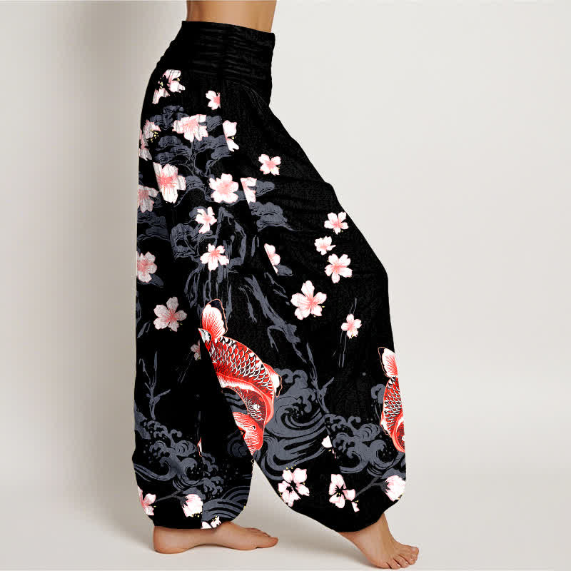 Buddha Stones Baumwoll-Haremshose mit Koi-Sakura-Muster und elastischem Bund für Damen - image 6