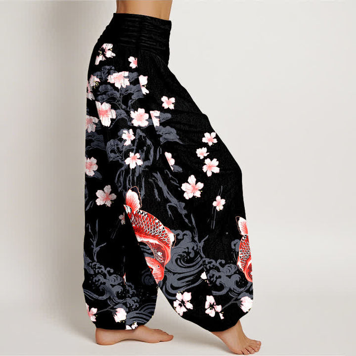Buddha Stones Baumwoll-Haremshose mit Koi-Sakura-Muster und elastischem Bund für Damen - image 6