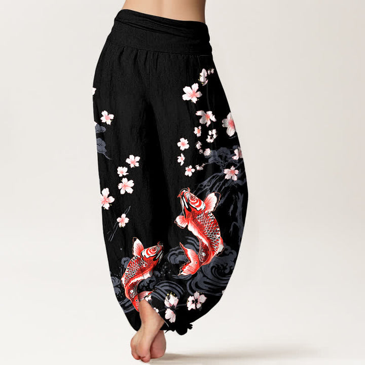 Buddha Stones Baumwoll-Haremshose mit Koi-Sakura-Muster und elastischem Bund für Damen - image 7