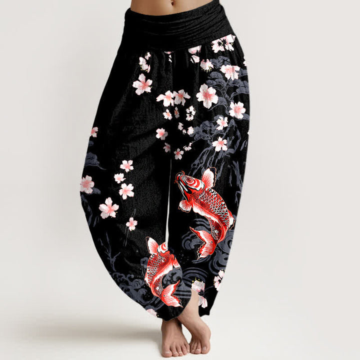Buddha Stones Baumwoll-Haremshose mit Koi-Sakura-Muster und elastischem Bund für Damen - Schwarz - US16, UK/AU20, EU48 (3XL) - image 5