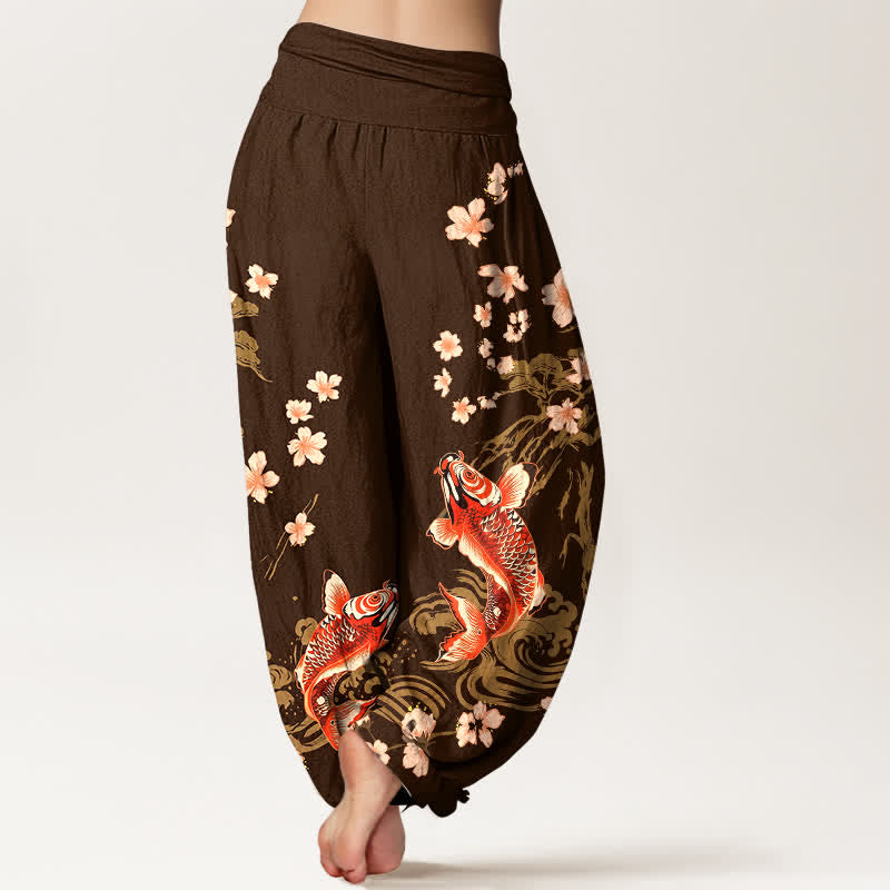 Buddha Stones Baumwoll-Haremshose mit Koi-Sakura-Muster und elastischem Bund für Damen - image 10