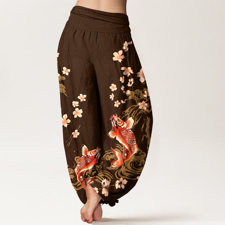 Buddha Stones Baumwoll-Haremshose mit Koi-Sakura-Muster und elastischem Bund für Damen - image 10
