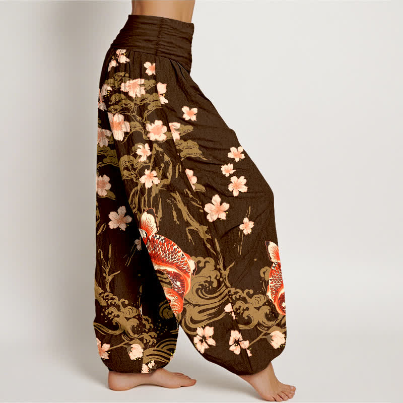 Buddha Stones Baumwoll-Haremshose mit Koi-Sakura-Muster und elastischem Bund für Damen - image 9