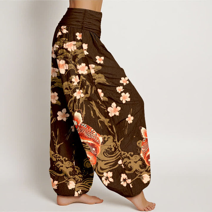 Buddha Stones Baumwoll-Haremshose mit Koi-Sakura-Muster und elastischem Bund für Damen - image 9
