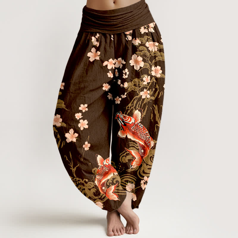 Buddha Stones Baumwoll-Haremshose mit Koi-Sakura-Muster und elastischem Bund für Damen - Sattelbraun - US16, UK/AU20, EU48 (3XL) - image 8