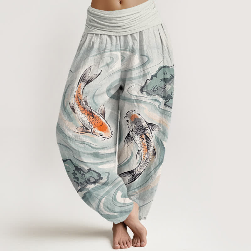 Buddha Stones Baumwoll-Haremshose mit Koi-Fisch- und Wellenmuster, elastischer Bund, Damen - AliceBlue - US16, UK/AU20, EU48 (3XL) - image 8
