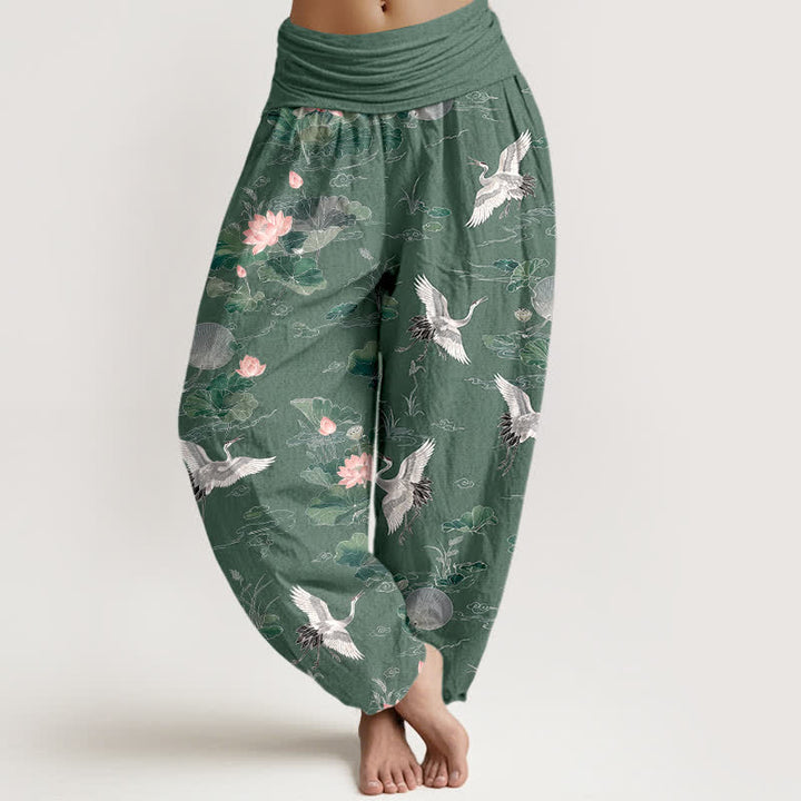 Buddha Stones Elegante Haremshose aus Baumwolle mit Kranich- und Lotusmuster, elastischer Bund, für Damen - Mittelseegrün - US16, UK/AU20, EU48 (3XL) - image 0