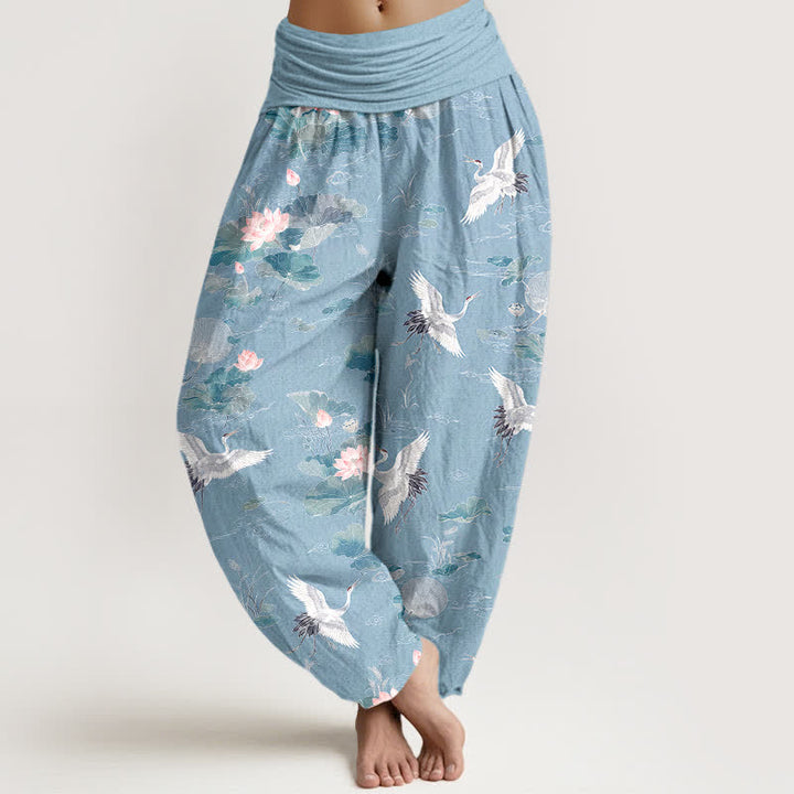 Buddha Stones Elegante Haremshose aus Baumwolle mit Kranich- und Lotusmuster, elastischer Bund, für Damen - Hellblau - US16, UK/AU20, EU48 (3XL) - image 5