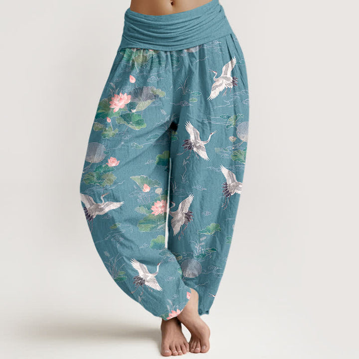 Buddha Stones Elegante Haremshose aus Baumwolle mit Kranich- und Lotusmuster, elastischer Bund, für Damen - Mitteltürkis - US16, UK/AU20, EU48 (3XL) - image 8