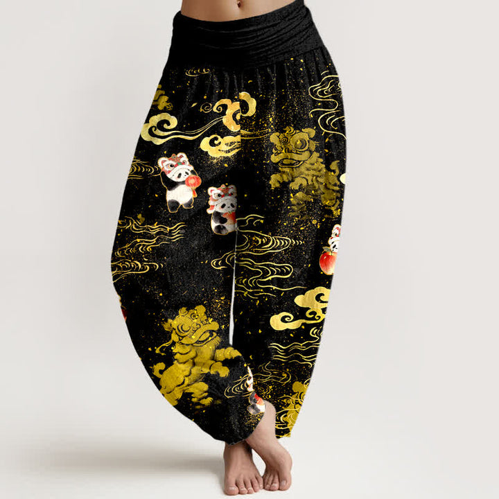 Buddha Stones Baumwoll-Haremshose mit Wolkenmuster und elastischem Bund, verziert mit dem Glückstier-Motiv, für Damen - Schwarz - US16, UK/AU20, EU48 (3XL) - image 0