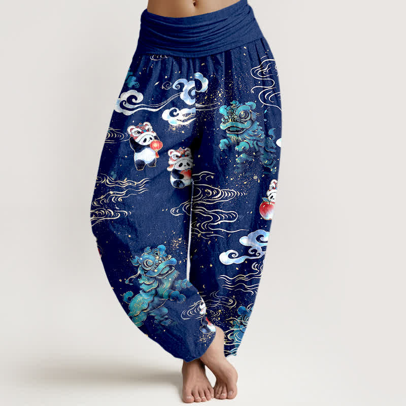 Buddha Stones Baumwoll-Haremshose mit Wolkenmuster und elastischem Bund, verziert mit dem Glückstier-Motiv, für Damen - Marine - US16, UK/AU20, EU48 (3XL) - image 8