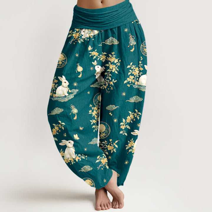 Buddha Stones Baumwoll-Haremshose mit Mond-Hasen-Blumenmuster und elastischem Bund für Damen - Türkis - US16, UK/AU20, EU48 (3XL) - image 8
