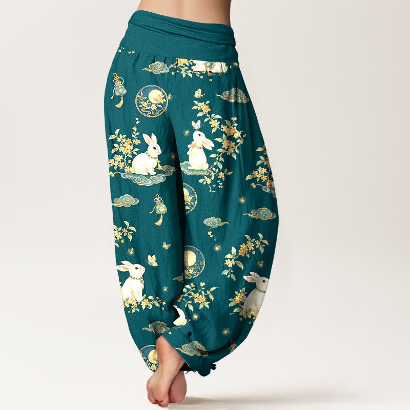 Buddha Stones Baumwoll-Haremshose mit Mond-Hasen-Blumenmuster und elastischem Bund für Damen - image 10