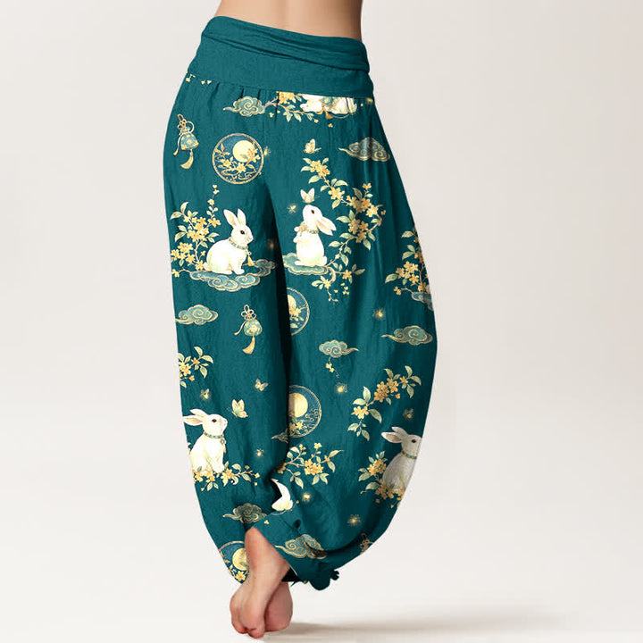 Buddha Stones Baumwoll-Haremshose mit Mond-Hasen-Blumenmuster und elastischem Bund für Damen - image 10