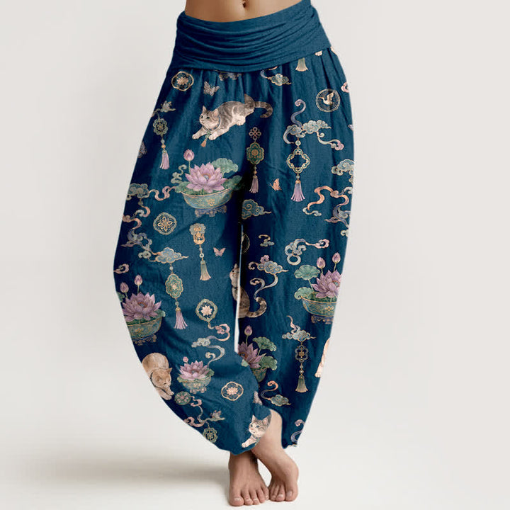 Buddha Stones Baumwoll-Haremshose mit Lotus-Katzen-Quastenmuster und elastischem Bund für Damen - Marine - US16, UK/AU20, EU48 (3XL) - image 0