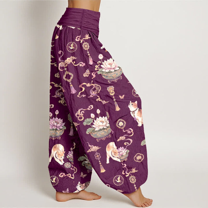 Buddha Stones Baumwoll-Haremshose mit Lotus-Katzen-Quastenmuster und elastischem Bund für Damen - image 6