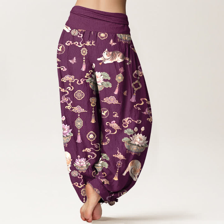 Buddha Stones Baumwoll-Haremshose mit Lotus-Katzen-Quastenmuster und elastischem Bund für Damen - image 7