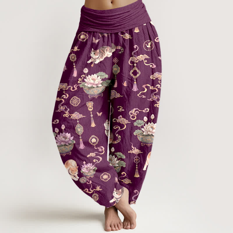 Buddha Stones Baumwoll-Haremshose mit Lotus-Katzen-Quastenmuster und elastischem Bund für Damen - Lila - US16, UK/AU20, EU48 (3XL) - image 5