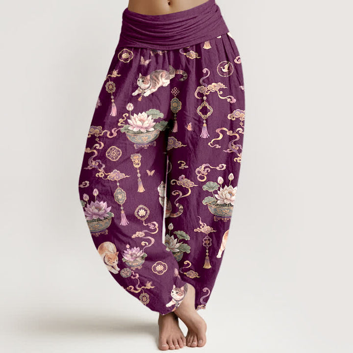 Buddha Stones Baumwoll-Haremshose mit Lotus-Katzen-Quastenmuster und elastischem Bund für Damen - Lila - US16, UK/AU20, EU48 (3XL) - image 5