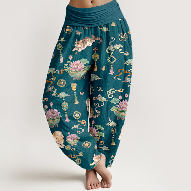 Buddha Stones Baumwoll-Haremshose mit Lotus-Katzen-Quastenmuster und elastischem Bund für Damen - Türkis - US16, UK/AU20, EU48 (3XL) - image 8