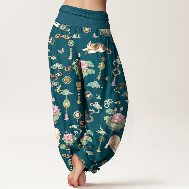 Buddha Stones Baumwoll-Haremshose mit Lotus-Katzen-Quastenmuster und elastischem Bund für Damen - image 10
