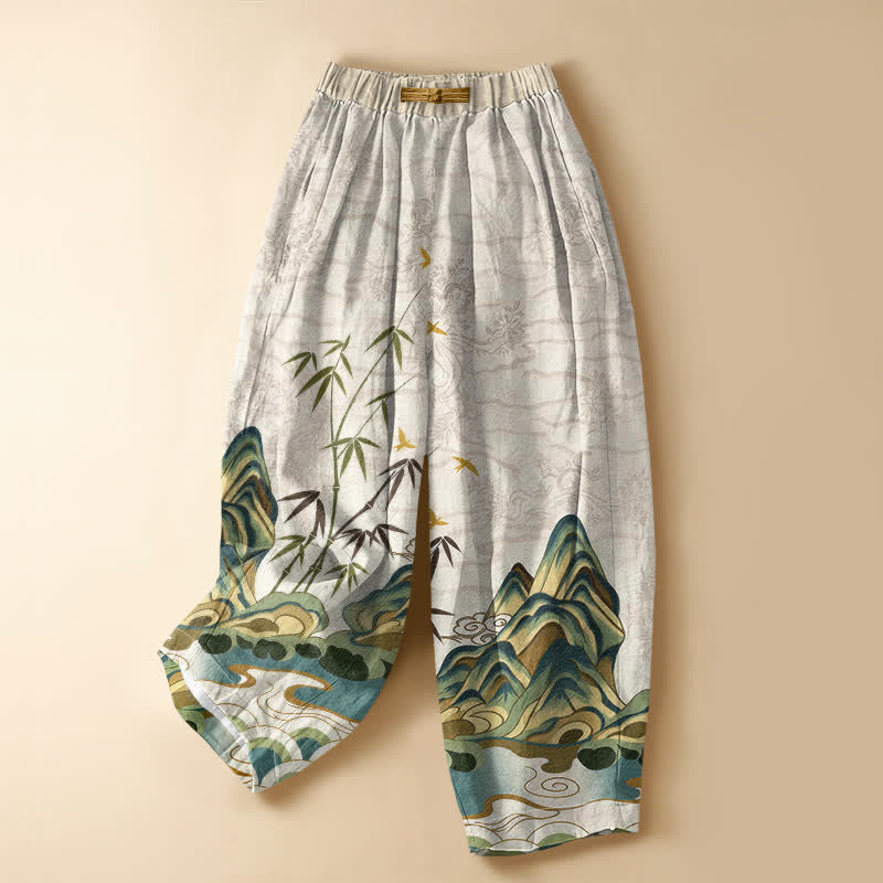 Buddha Stones Damen-Haremshose aus reiner Baumwolle mit Vintage-Berg-Bambusmuster, Froschknopfverschluss, elastischem Bund und Taschen - Beige - US16, UK/AU20, EU48 (3XL) - image 0