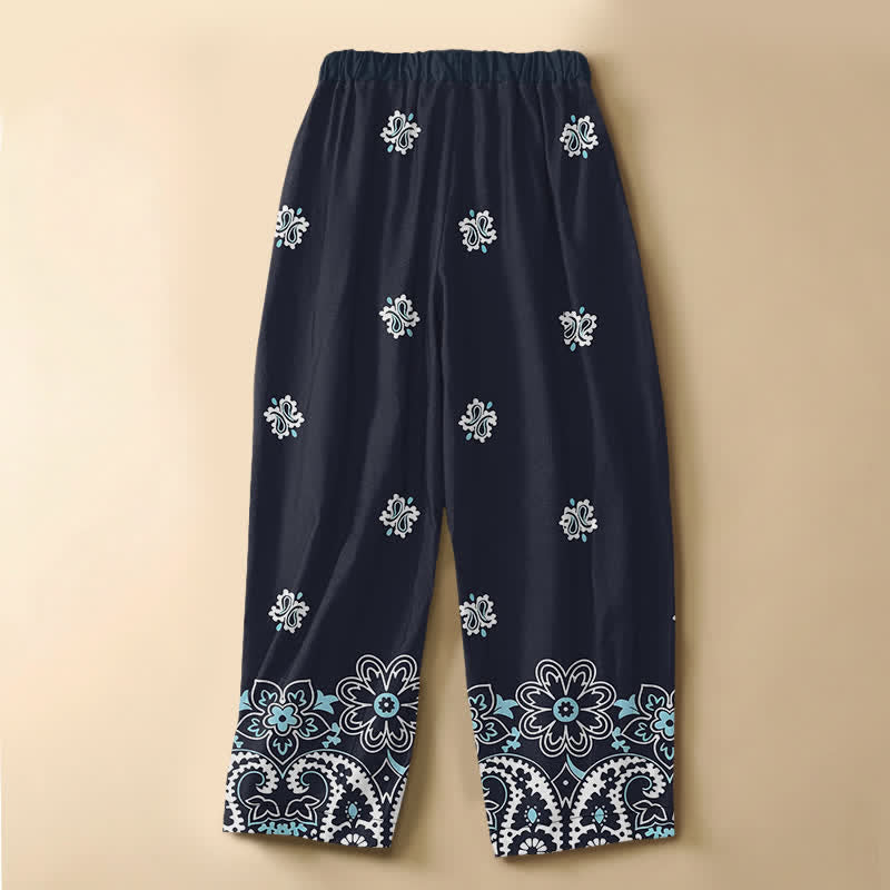 Buddha Stones Haremshose aus reiner Baumwolle mit böhmischem Blumen-Paisley-Muster, Froschknopfverschluss, elastischem Bund und Taschen - image 1