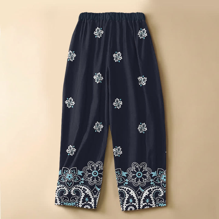 Buddha Stones Haremshose aus reiner Baumwolle mit böhmischem Blumen-Paisley-Muster, Froschknopfverschluss, elastischem Bund und Taschen - image 1