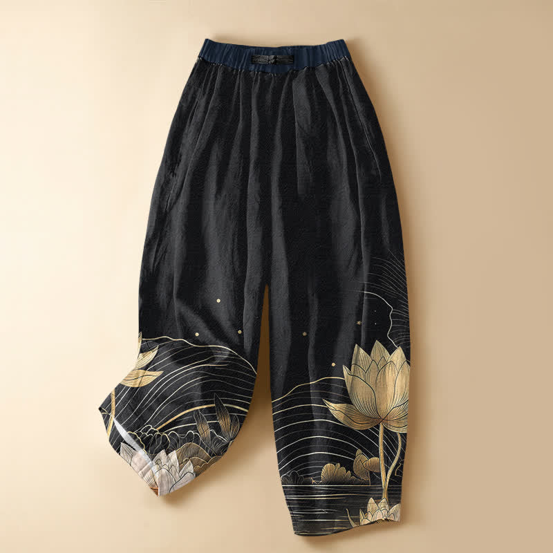 Buddha Stones Damen-Haremshose aus reiner Baumwolle mit goldenem Lotus-Wellenmuster, Froschknopfverschluss, elastischem Bund und Taschen - Schwarz - US16, UK/AU20, EU48 (3XL) - image 0