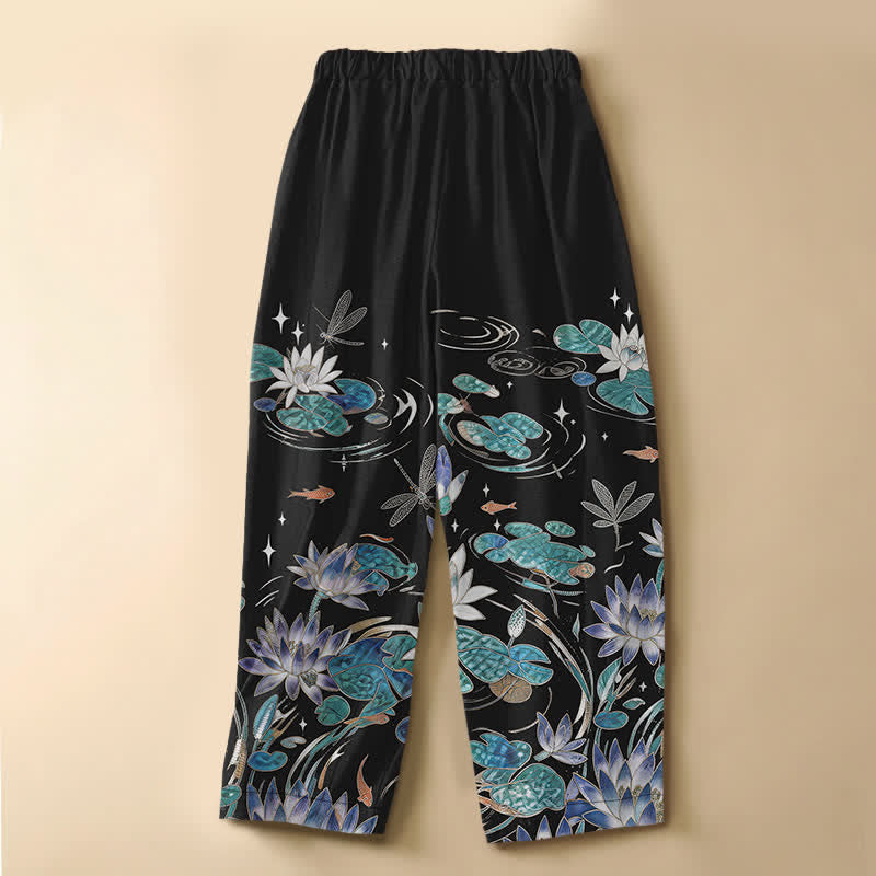 Buddha Stones Damen-Haremshose aus reiner Baumwolle mit Lotus-Koi-Libellenmuster, Froschknopfverschluss, elastischem Bund und Taschen - image 1
