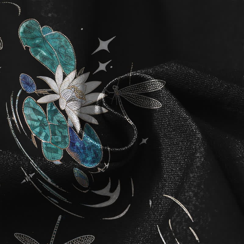 Buddha Stones Damen-Haremshose aus reiner Baumwolle mit Lotus-Koi-Libellenmuster, Froschknopfverschluss, elastischem Bund und Taschen - image 4