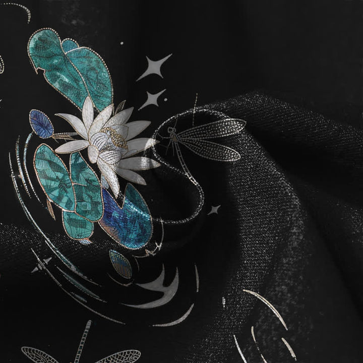 Buddha Stones Damen-Haremshose aus reiner Baumwolle mit Lotus-Koi-Libellenmuster, Froschknopfverschluss, elastischem Bund und Taschen - image 4